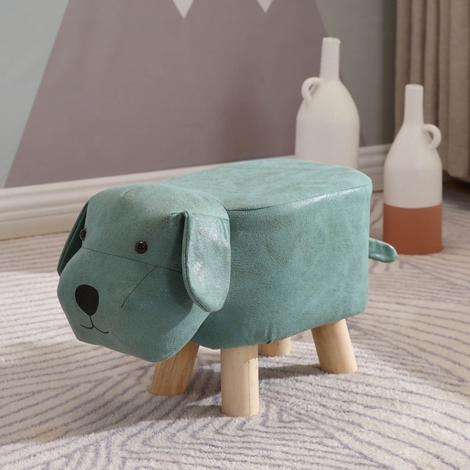 Children Wooden Low Stools Cute Cartoon Children Stool Small Dog Shape Stool for Home Kindergarten light green