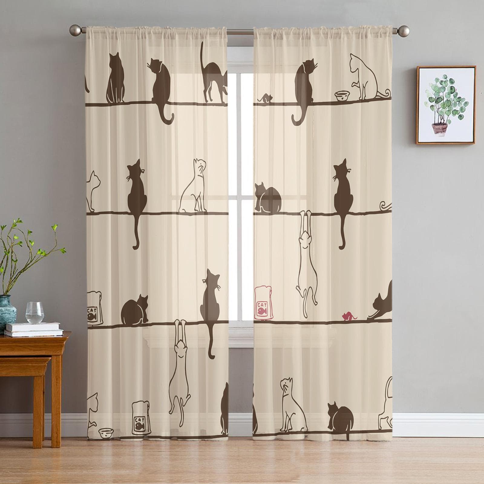 Qifu Zhaocai Cat Blue Voile Sheer Curtains For Living Room Window Chiffon Tulle Curtain Kitchen Bedroom Drapes Home Decor 135W x 114H(cm)