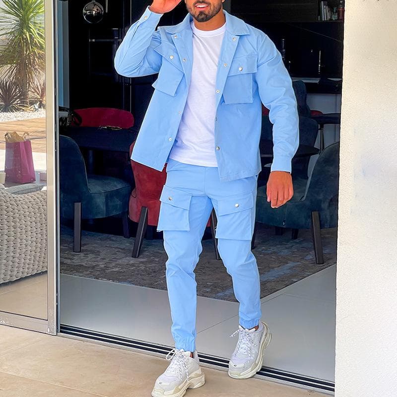 Men's Jacket Cargo Pants Set with Pocket Button Spring Fall Blue Tracksuit Solid Color Male Fashion 2 Pieces Suit XL sky blue