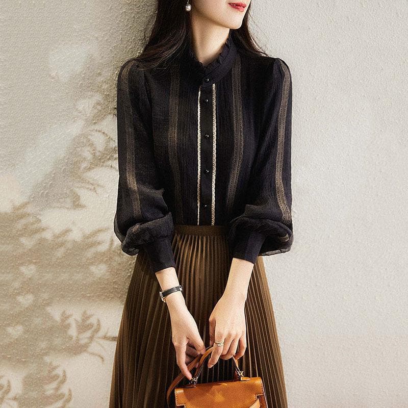 Black Fungus Lace-edged Stand Collar Double-layer Design Single-breasted Long-sleeved Shirt for Women Early Autumn New Top XXL black