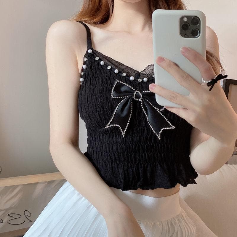 Summer Lace Bowknot Camisole For Women Pleated Crop Tops Vintage Sexy Ladies Elegant Camisole black