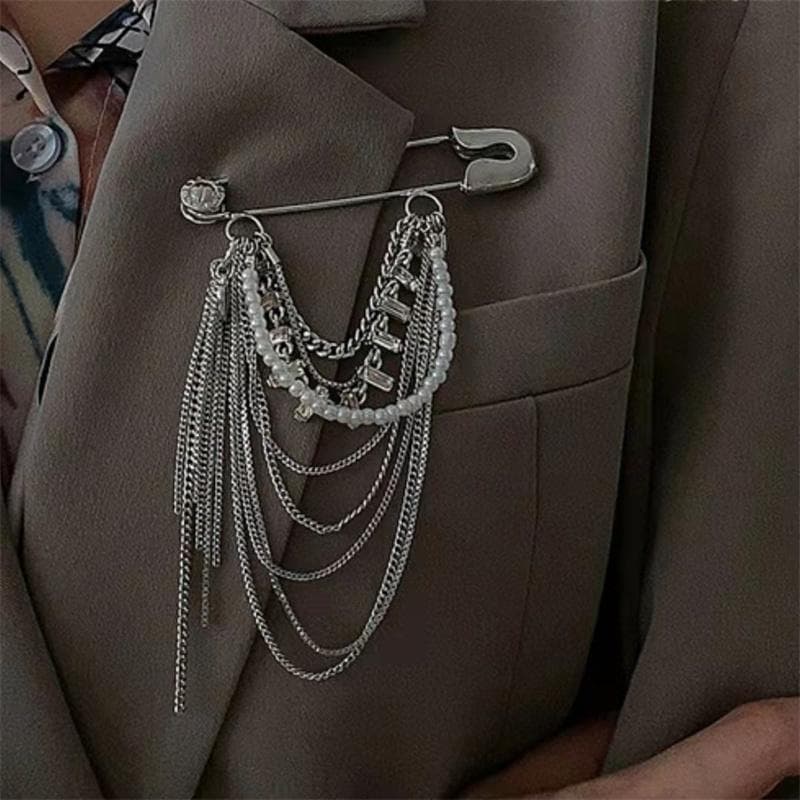 Individualized Exquisite Chain Light Luxury Temperament Pin Fashion Men and Women's Suit Coat Vintage Accessories Brooch silver