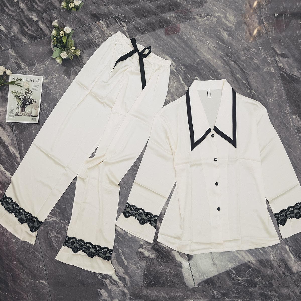 French Ice Silk Pajamas for Women Spring and Autumn Long-sleeved Peak Collar Cardigan Suit Home Wear XXL white
