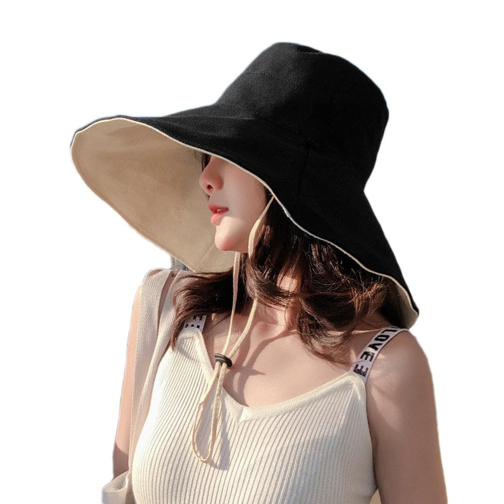 Foldable Floppy UV Sun Protection Wide Brim Bucket Hat with Anti Separation Cord black