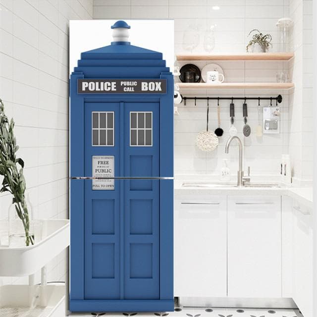 Red Yellow Blue Phone Booth Police PVC Refrigerator Door Sticker Waterproof Self-adhesive Poster Fridge Wallpaper Decor Decals 60x150cm(1 pcs)