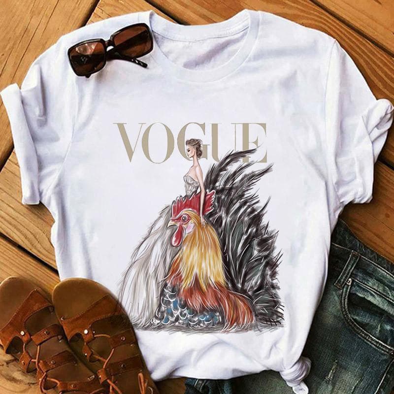 Women Summer T Shirt Vogue Print Retro Fashion Short Sleeve Tees Casual Printed Tops M grey