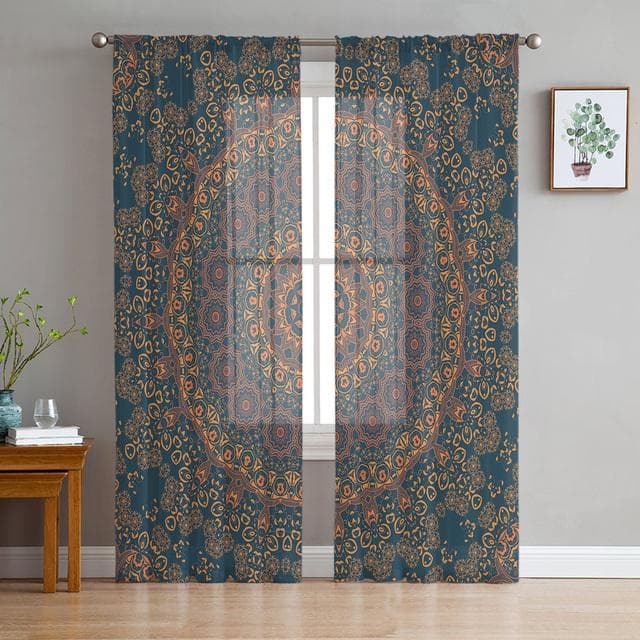 Boho Mandala Datura Buddhism Ethnic Sheer Voile Curtains For Kitchen Living Room Bedroom Decor Tulle Curtains Window Treatment 1 PCS W400XH250cm