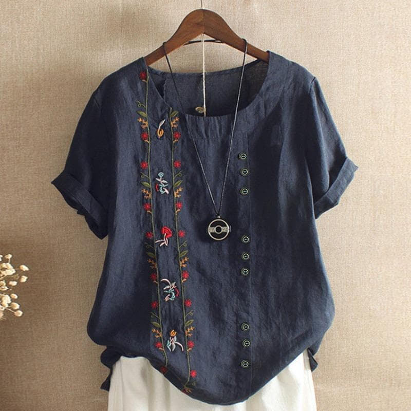 Summer Female Cotton Linen Shirts Short Sleeve Vintage Floral Embroidery Long Loose Women's Blouse Casual Lady Top S-5XL S blue
