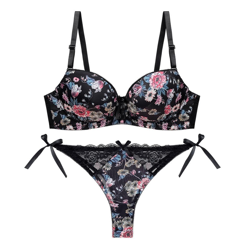 Print Push Up French Lace Women's Underwear Sets ABC Cup Bra And Panty Deep V Brassiere 34B black