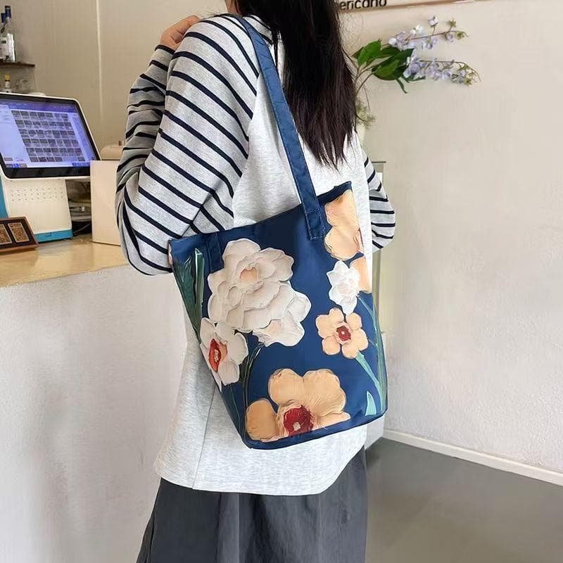 New Fashion Floral Pattern Bucket Bag Canvas Casual Shoulder Bag Large Capacity Creative Handbag for Women 26x17x28cm blue