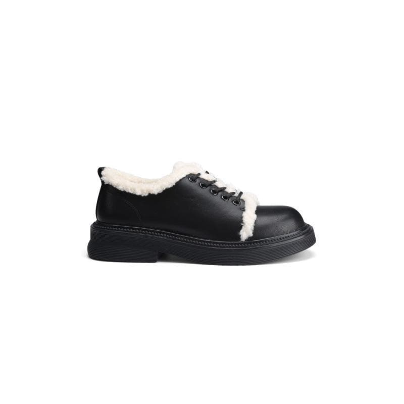 Thick Sole Lace Up Versatile Single Shoes with Lace Up In Velvet, Loafer Shoes with Square Round Toe, Women's Shoes with Warm Little Leather Shoes 40 black