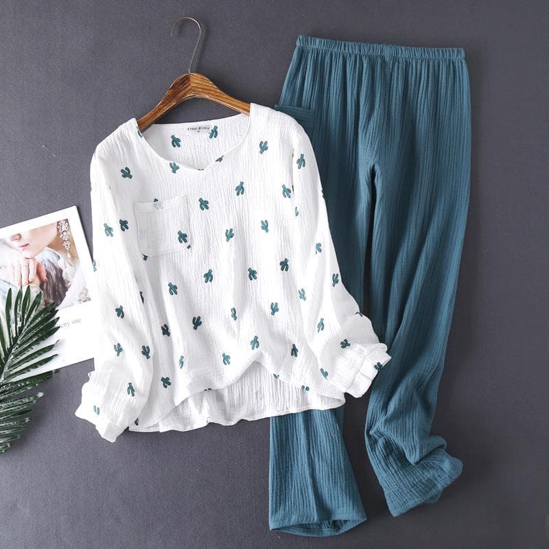 New Japanese Style Spring and Autumn Ladies Cotton Crepe Cloth Long-sleeved Trousers Pajamas Cactus Comfortable Home Service M