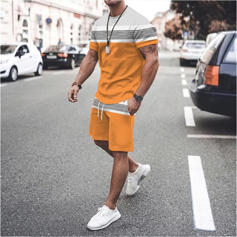 Gradient Stripe 3d Print Summer Men Set O-neck T shirts+Shorts 2 Piece 2023 New Short-sleeve Man Outfits Fashion Tracksuits Suit 5XL