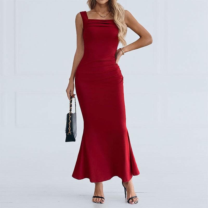 Spring and Summer Women's Clothing Solid Color Sleeveless Square Collar Fashionable and Sexy Temperament Dinner Slim Hip Wrap One-step Skirt 3XL red