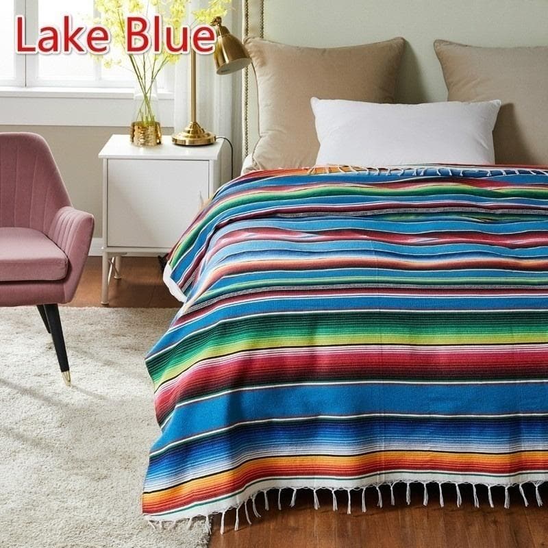 New 8 Color Mexican Stripe Outdoor Cotton Blanket Rainbow Beach Blanket Mattress with Tassel Bed Travel Picnic Rug Sofa Cover 150 x 200cm lake blue