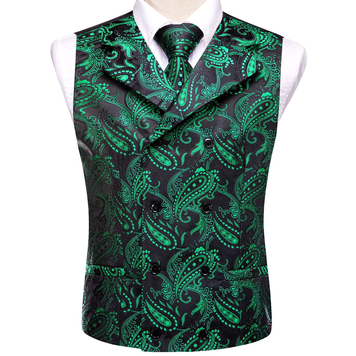 Mens Silk Victorian Vest Paisley Waistcoat Tie Hanky Cufflinks Set For Wedding 3XL