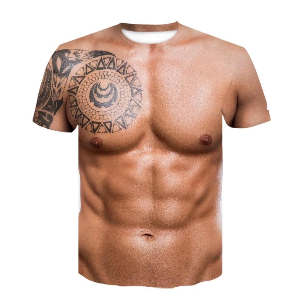 Fashion Funny Six-pack Abs Muscle Tattoos T Shirt for Men Round Neck Short Sleeve Tees Cool Streetwear 3D Printed t-shirt L