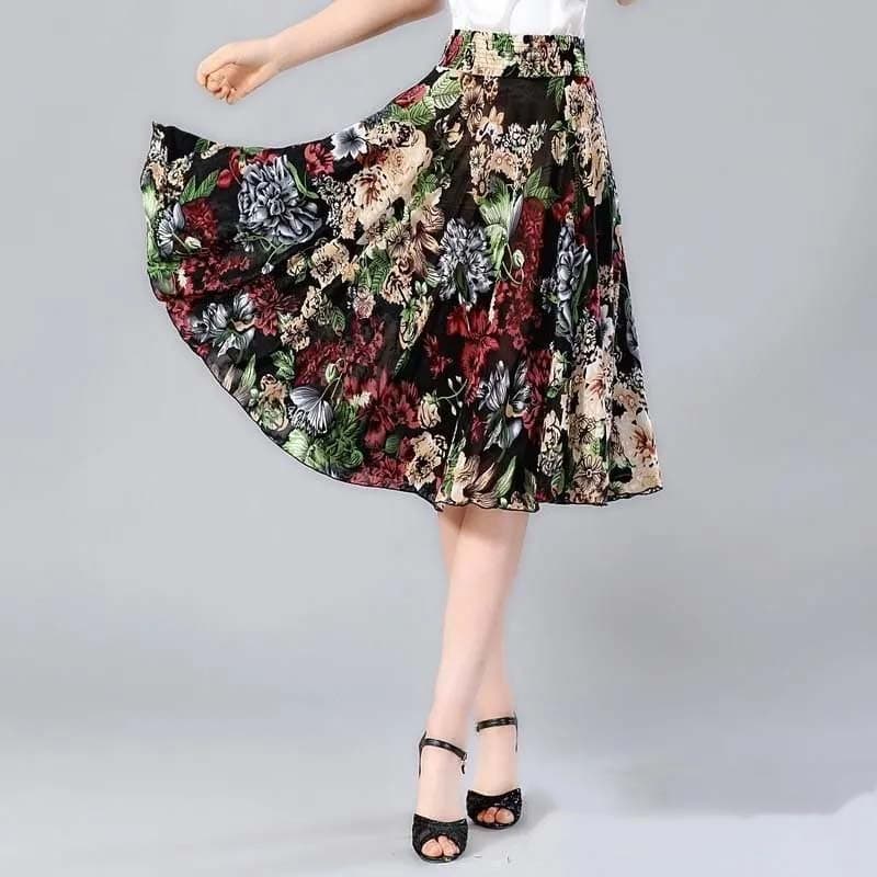 Summer Mid-length Floral Skirt Elastic Waist Loose Casual Ice Silk Chiffon Fabric Lightweight and Breathable Beach Dress One Size