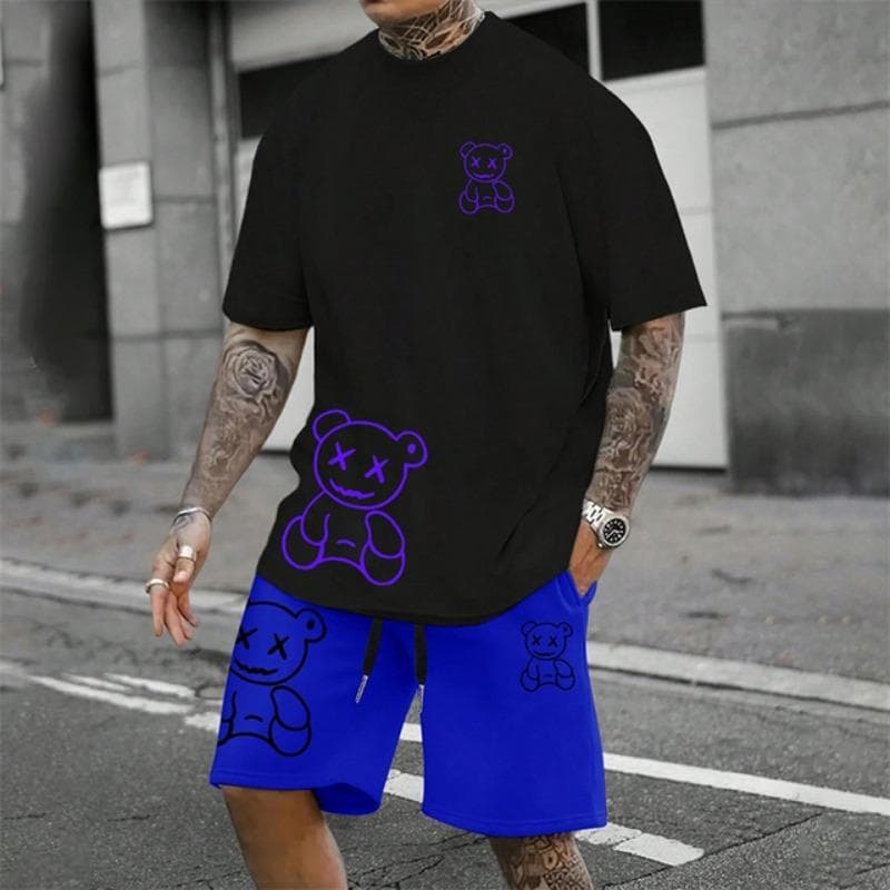2025 Fun Bear Harajuku T-Shirt Men's Summer Loose Daily Couple Suit Outdoor Street Short Sleeve Shorts Two Piece Men Summer Suit S