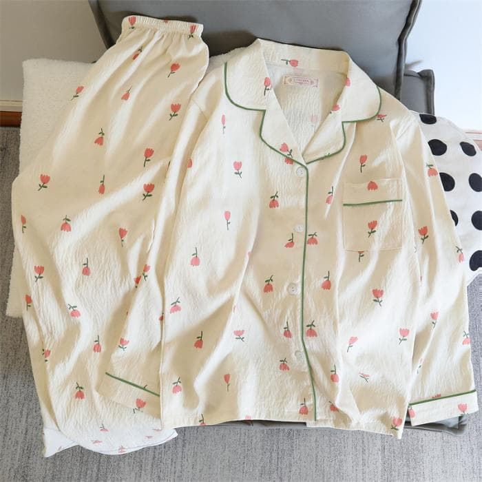 New Autumn Cute Kawaii Pajama Home Wear for Women Pajamas Print Cat Sleepwear Lounge Wear Long Sleeve Top Pant 2PC Pajama Set M