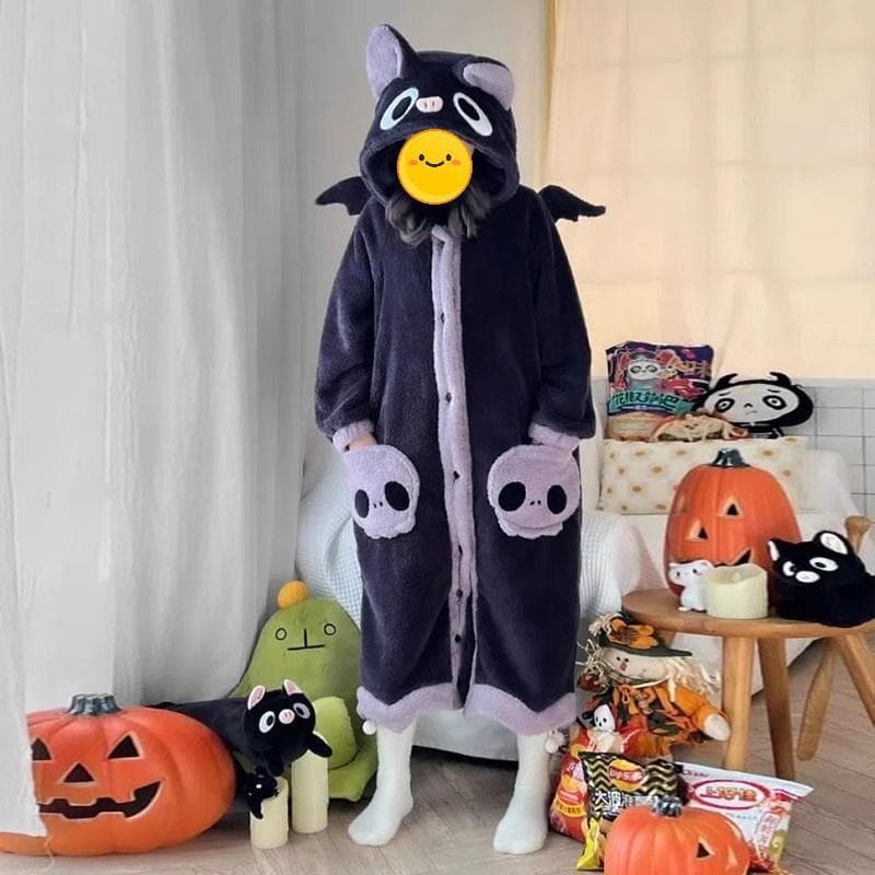 Cartoon Animal Fox Pajamas Women's Winter Coral Fleece Thickened One-Piece Plush Cute Long Hooded Plus Size Robe Home Wear L