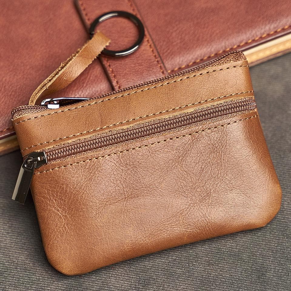 Leather Mini Coin Purse Head Card Bag Handmade Zipper Wallet Car Key Case Short Lady Wallet Key Case brown
