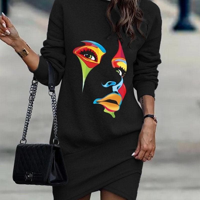 Autumn and Winter European and American Long-sleeved Turtleneck Printed Skirt Women Casual Dresses L