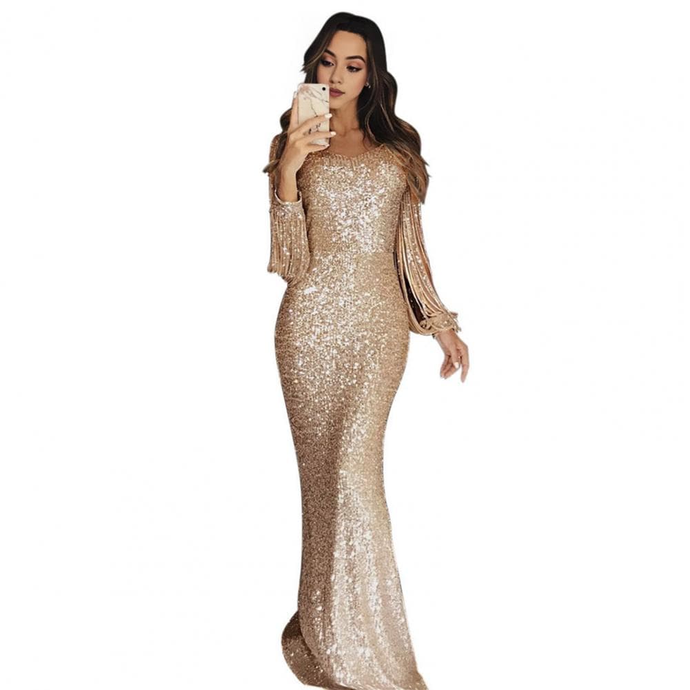 Women Prom Dress Tassel Sleeves Sheath Slim Fit V Neck Solid Color Sequin Fishtail Hem Evening Dress Cocktail Party Maxi Dress XXL champagne