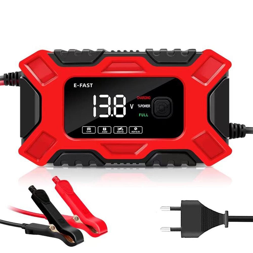 E-FAST Car Battery Chargers 12V/6A Full Automatic Battery Chargers Maintainer 3-Stage Portable EU Plug red