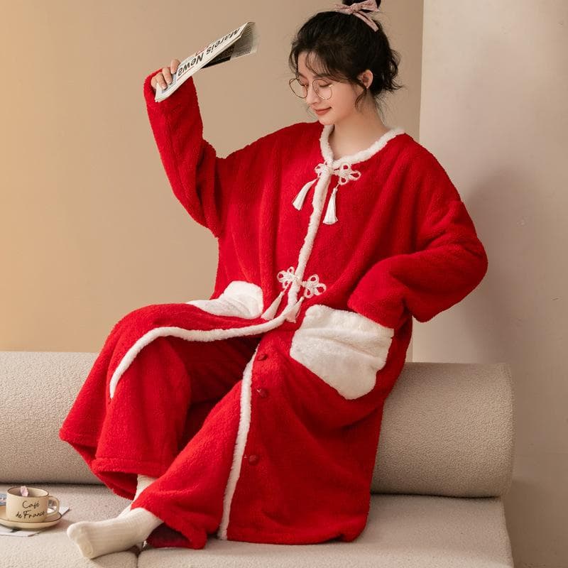 Chinese Style Pajama Set Red New Year's Nightgown Nightwear Coral Fleece Sleepwear Women's Robes Warm Thickened Flannel Homewear 2XL red