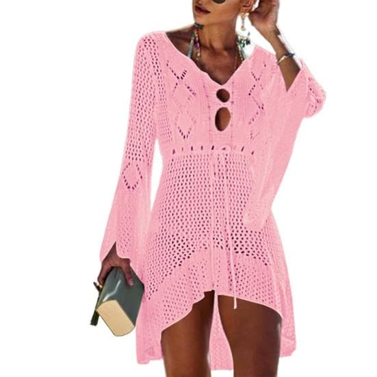 Sexy Beach Cover Up Long Sleeve Sun Protection Dress Flared Sleeves Solid Color Beach Dress for Swimming Pool