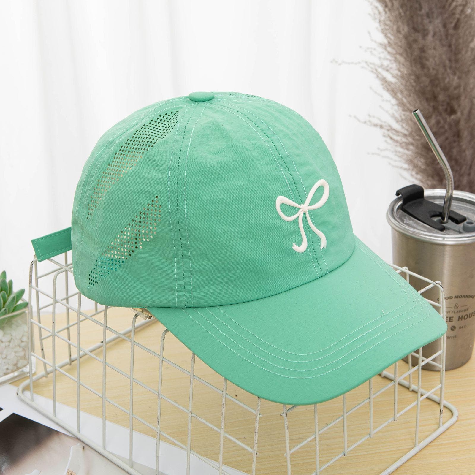 Summer Thin Bowknot Quick-Drying Baseball Cap for Women Sun-Poof Peaked Cap Leisure Students Sport Travel Sun Hat 56-58cm green
