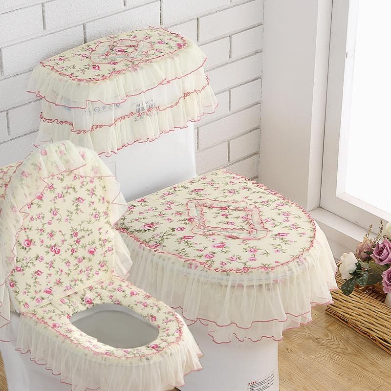 3pcs Lace Embroidery Home Decoration Toilet Cover Detachable Toilet Cover Cloth Dustproof Antibacterial Toilet Seat Ring Cushion