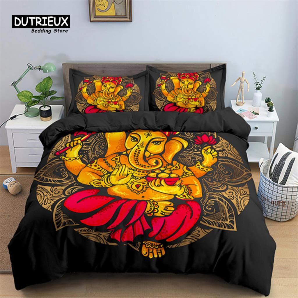Indian Ganesha Duvet Cover Bohemian Meditation Elephant Bedding Set Microfiber Mandala Comforter Cover Full For Kids Teen Adults EU single(135x200cm)