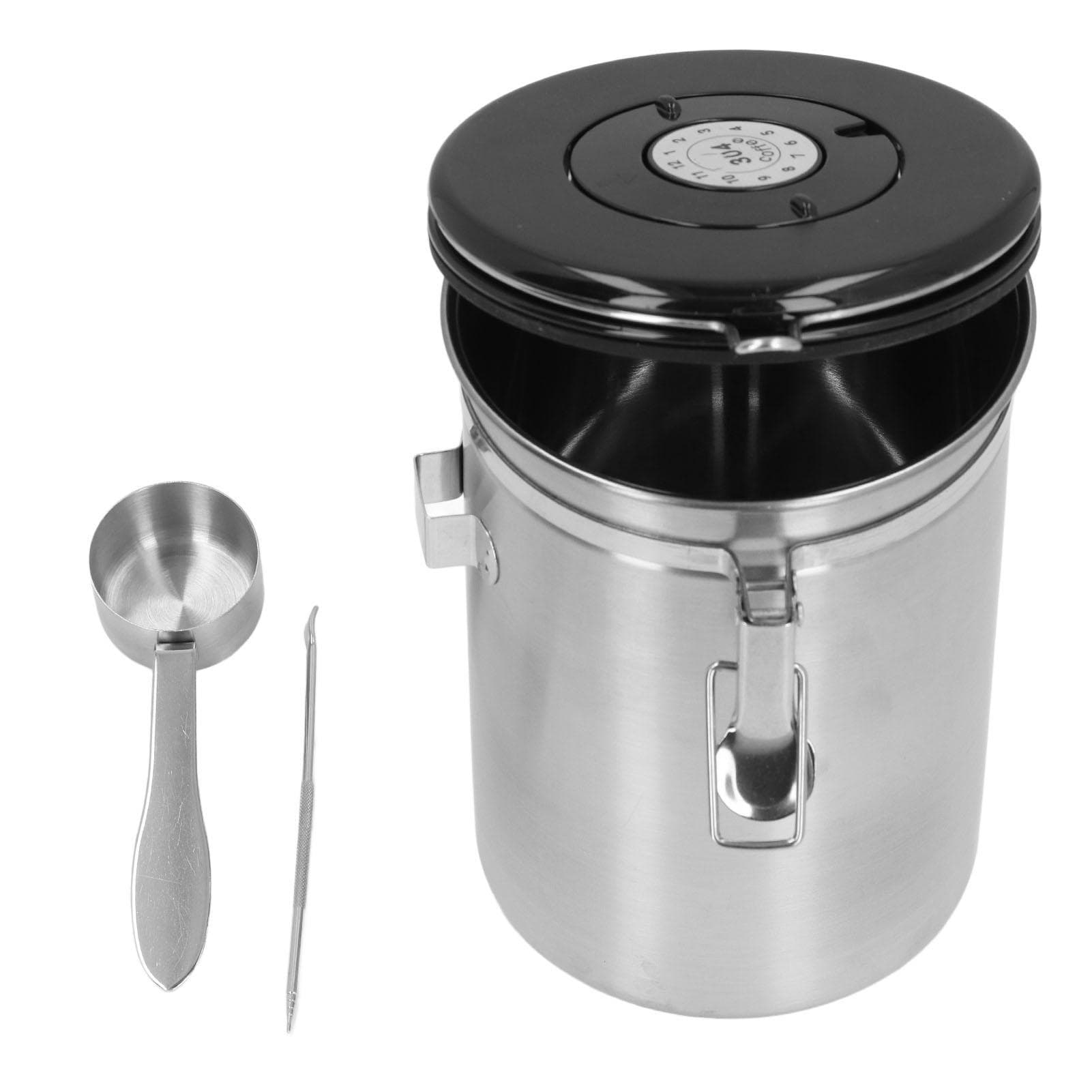 Airtight Coffee Canister 304 Stainless Steel Coffee Bean Storage Container with Coffee Art Pen and 1.8L Silver