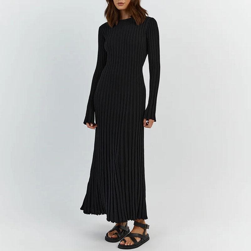 Lace-Up Female Knit Maxi Dress Autumn High Waist Fashion Patchwork Long Sleeve Loose Solid Dress Bandage Knitwear Dress M black