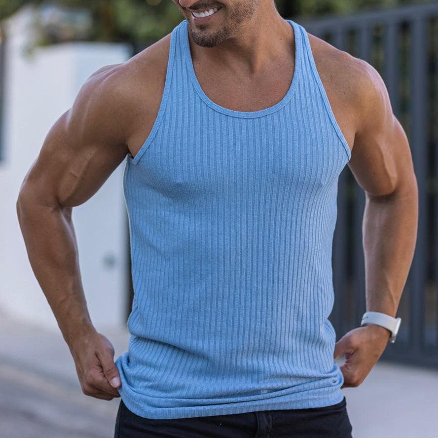 Rib Knitted Man Vests Summer Casual O-Neck Sleeveless Slim Stretch Sporty Tank Tops L blue