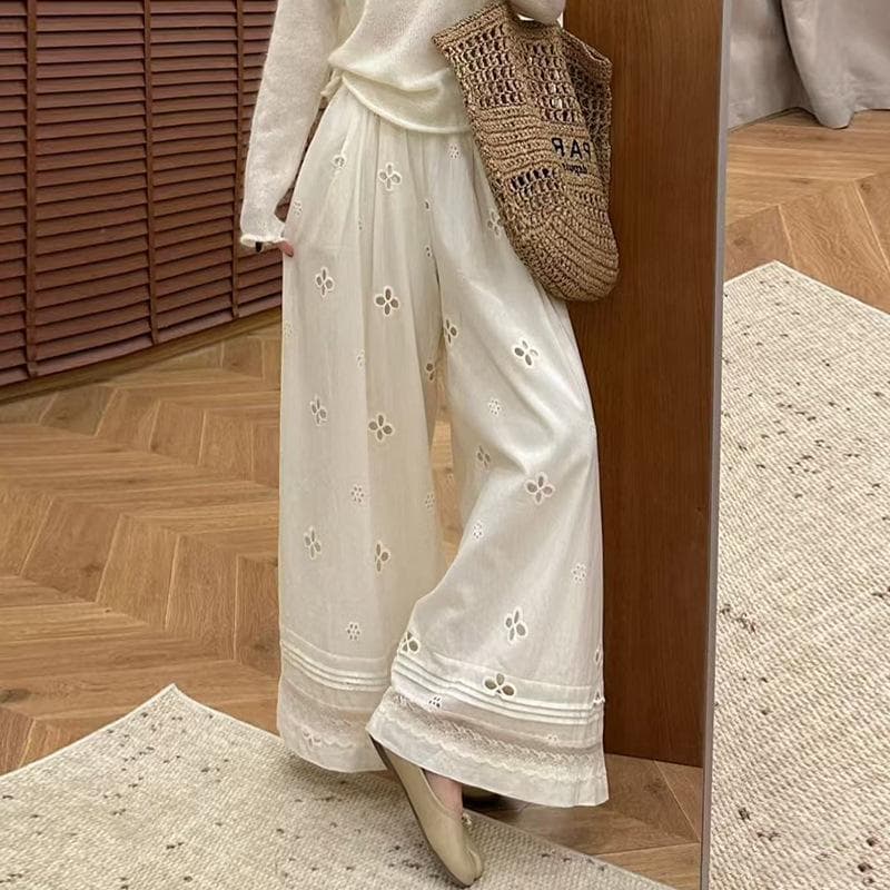 Apricot Lace Hollow Wide-leg Pants for Women In Summer New Casual Design Nine-point Straight-leg Pants XL