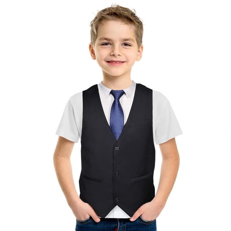 Kids T-shirts Funny Fake Suit Short Sleeve Casual Clothes Boys Girls Tee Apparel 130cm black