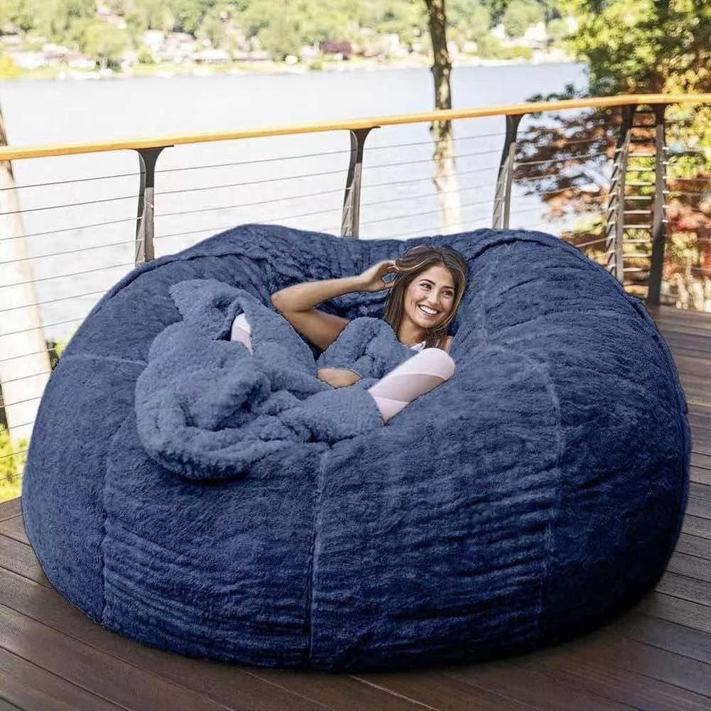 Home Sponge Bed Bean Bag Chair Cover Slipcover Double Bedroom Balcony Large Couch Round Soft Fluffy dark blue