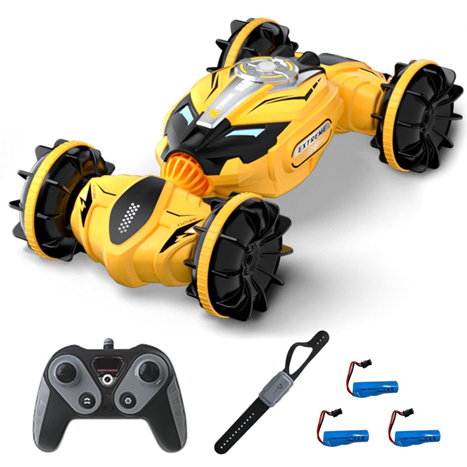 Remote Control Stunt Car 2.4GHz Transforming Amphibious Remote Control Car Dual Mode Remote Control 3 battery yellow