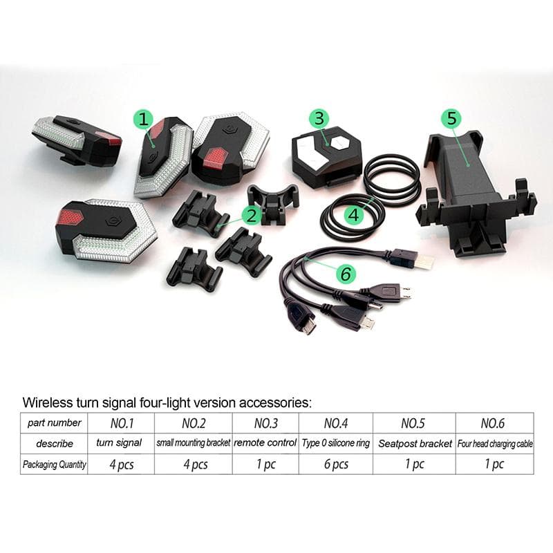 4 Pcs Turn Signals for bicycle Front Rear Light Smart Remote Control Bike Light Cycling Safety Warning Taillight Electric scooter 4 Light + 4 Bracket black