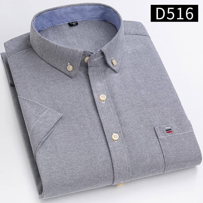 Men's Classic Solid Color Striped Short-sleeved Oxford Front Pocket Cotton Shirt 39 grey