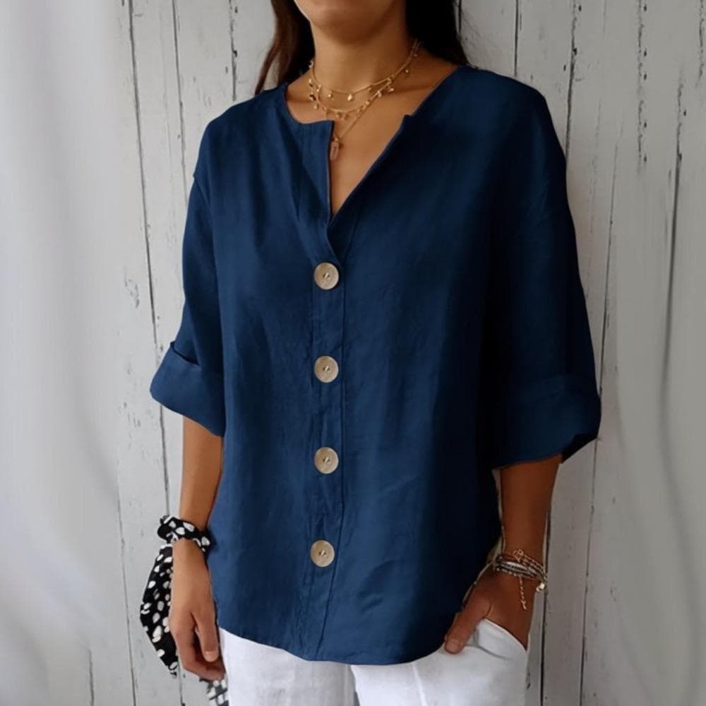 Plain Shirt for Women Women's Loose V Neck Three Quarter Sleeve T Shirt With Buttoned Classic Solid Color Commuting Tops M navy blue