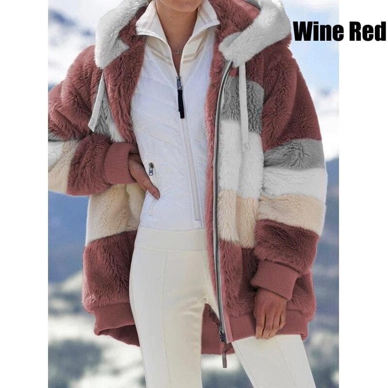 Winter Women's Fashion Hooded Warm Loose Jacket for Women Patchwork Outerwear Zipper Ladies Plus Size Sweaters XXXL wine red