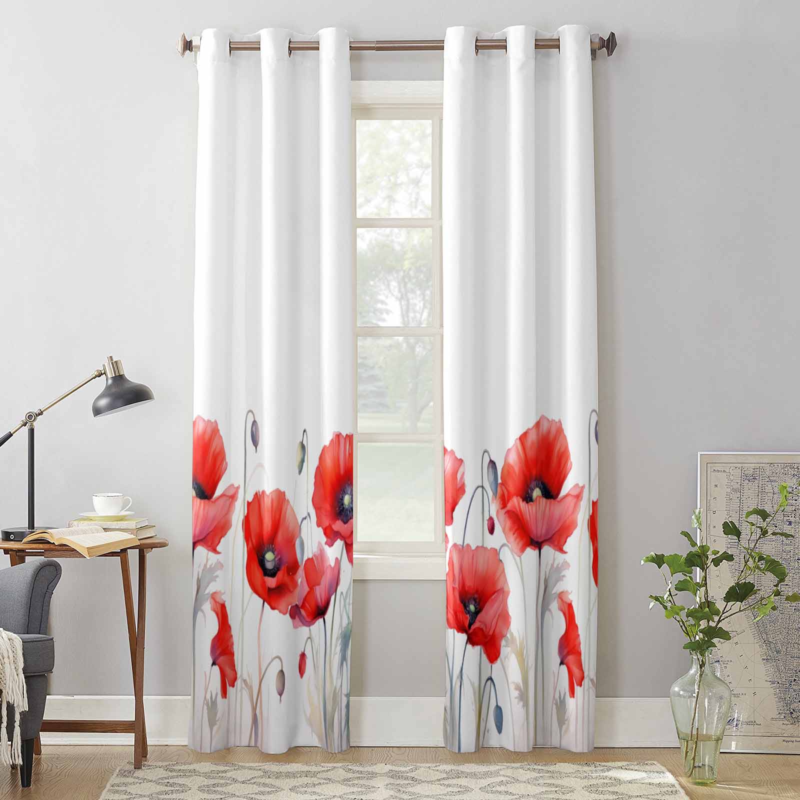 Spring Poppy Flower Plant Window Curtains for Living Room Luxury Bedroom Curtain Kitchen Blinds Drapes Curtains 135W x 60H(cm) x1