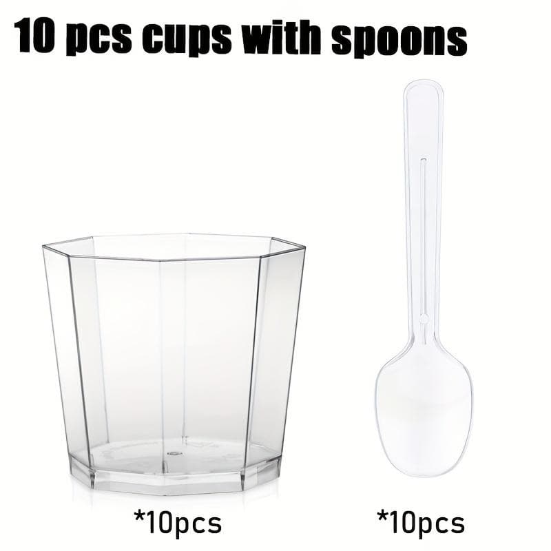 10pcs Plastic Mousse Cups Jelly Pudding Dessert Cups with Spoon Set Disposable Jelly Cups Ice Cream Trapezoidal Cups Pack of 10