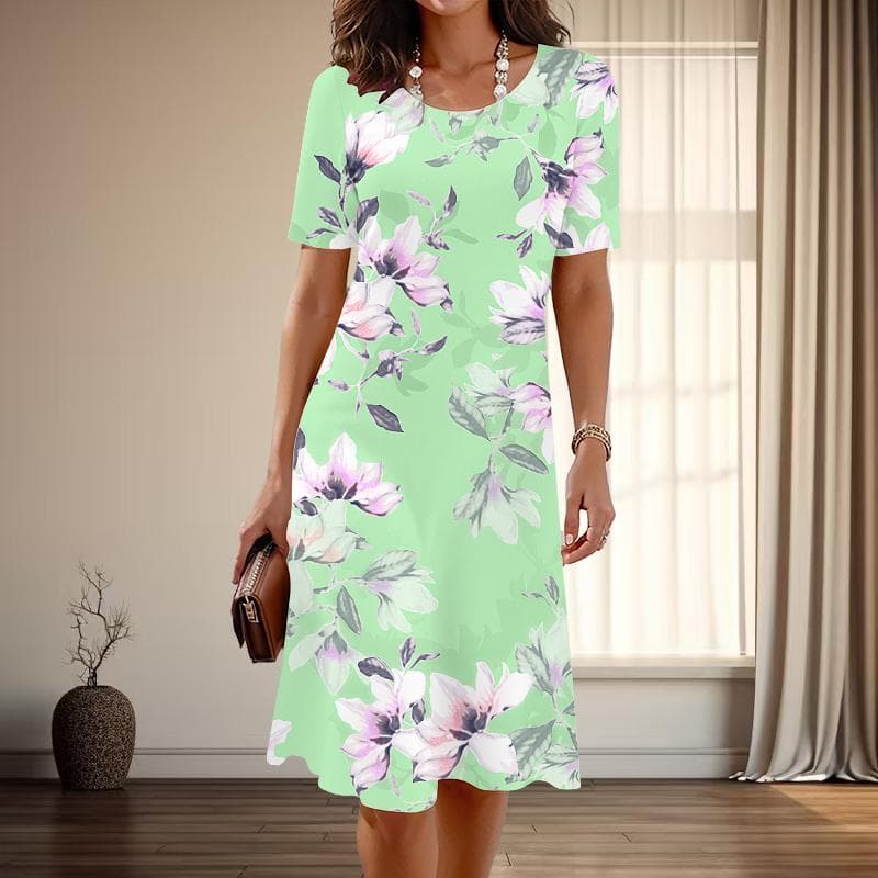 Women's Fashion Graceful Flower Print Summer Spring Short Sleeve O-Neck Casual Dresses 5XL green