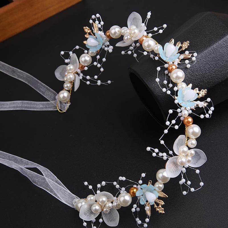 Elegant Girls Bridal Headband Imitated Pearl Hair Headdress Flower Wreath Bride Garland Head Hoop Wedding Headbands Hair Jewelry blue