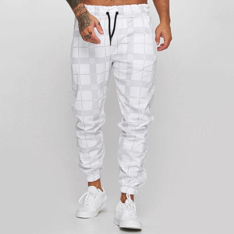 Men's Cargo Pants Fitness Gyms Sweatpants Mens Clothes Jogger Men's Casual Pants Plaid Trousers Fashion Streetwear M white